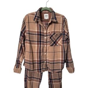 Aerie Womens Plaid Gauze Lounge Set Brown Tan Button Down Shirt Pants Medium